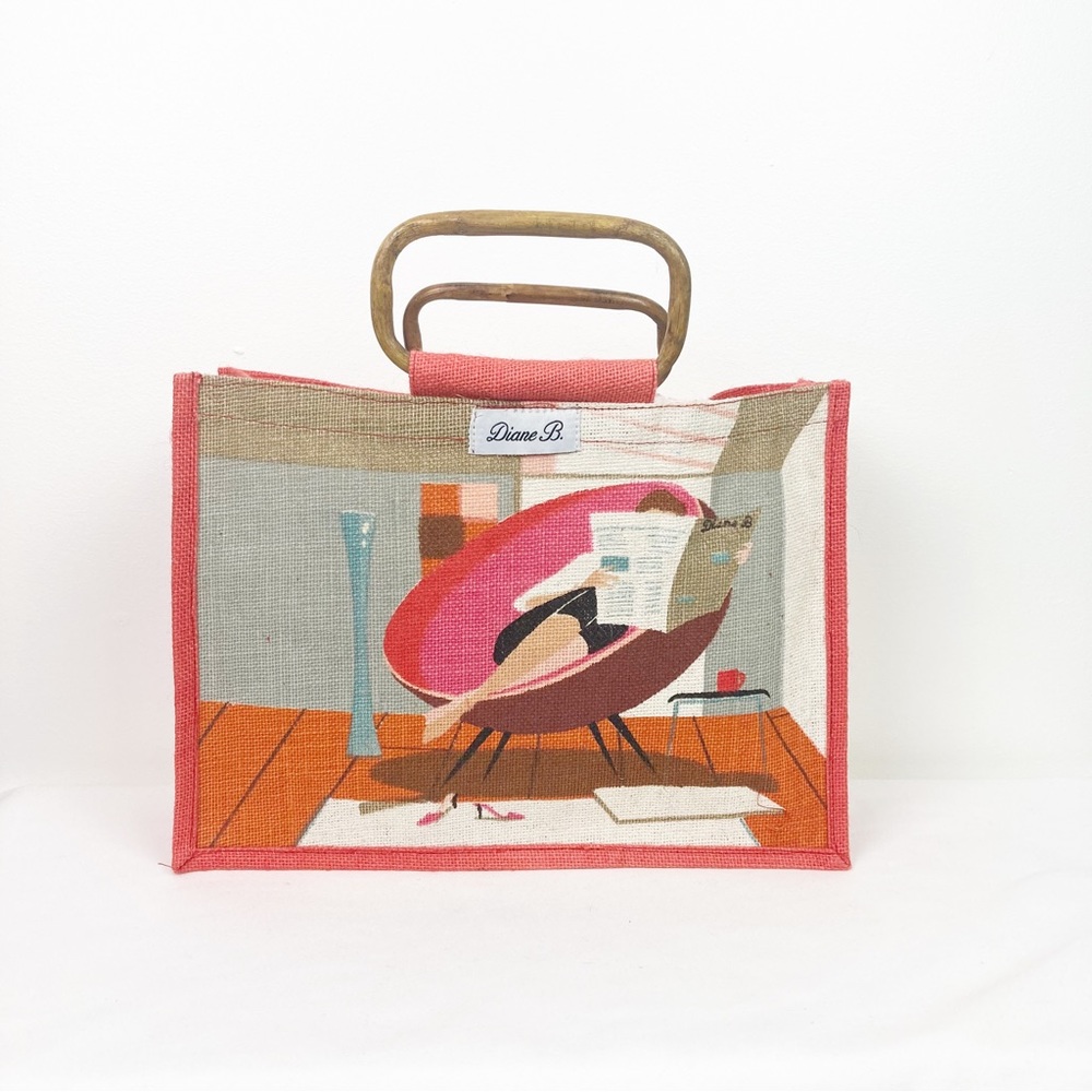 Diane B. Burlap Tote Bag with Wooden Handle